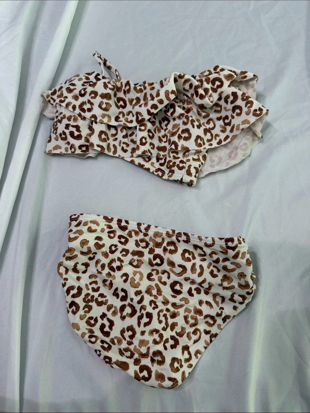 Janie and Jack Girls Leopard Print Ruffle Bikini Set - White and Brown